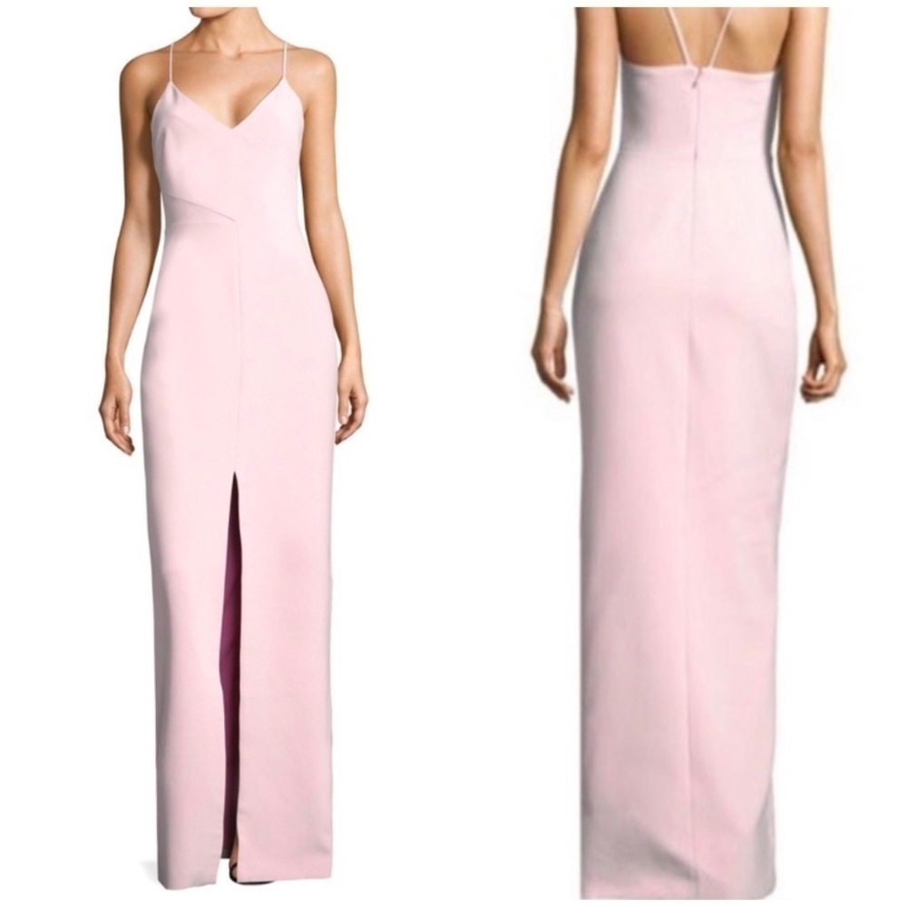 LIKELY Brooklyn Front Slit Column Gown Maxi Dress in Dusty Pink